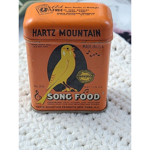 Vintage Hartz Mountain Song Food Tin Orange Canary Bird Seed Can USA - Picture 2 of 9